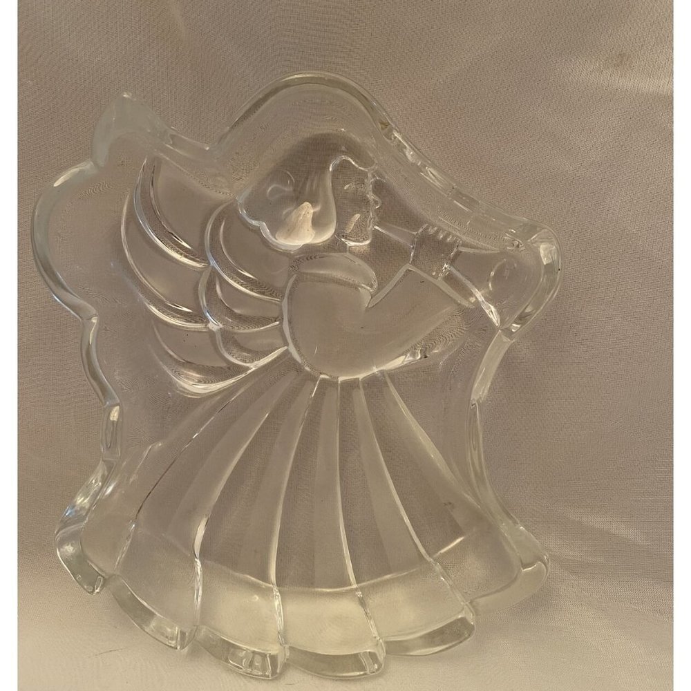 VTG 80s 90s Mikasa Christmas Angel Trinket Candy Dish 7.5" Clear Glass Holiday